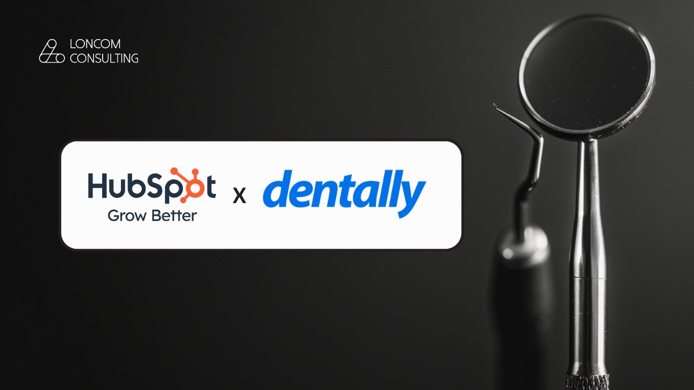 Dental mirror and probe tools on a dark background, cover image for a Loncom Consulting blog post on integrating Dentally with HubSpot CRM.
