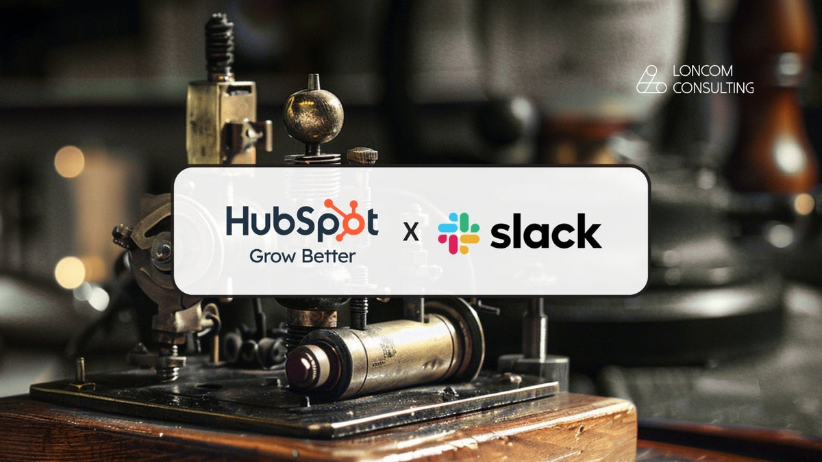 HubSpot and Slack logos over a vintage telegraph key, representing the notification and workflow integration between the two platforms | Loncom Consulting